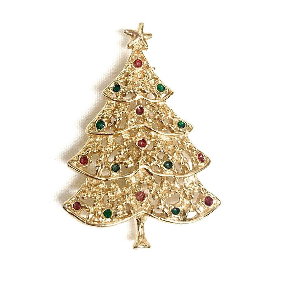 Vintage Christmas Tree Brooch Gold-Tone Metal Enamel Green & Red 2”
